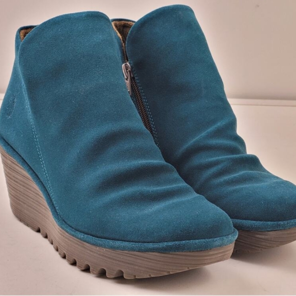Fly London Teal Suede Wedge Ankle Booties